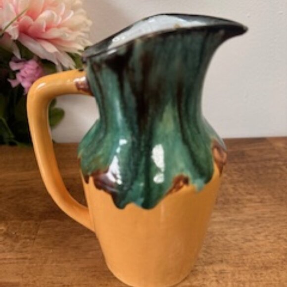 Vintage Drip Glaze Pottery Pitcher Green Brown and Mustard Yellow Art Pottery Ju - Picture 5 of 8